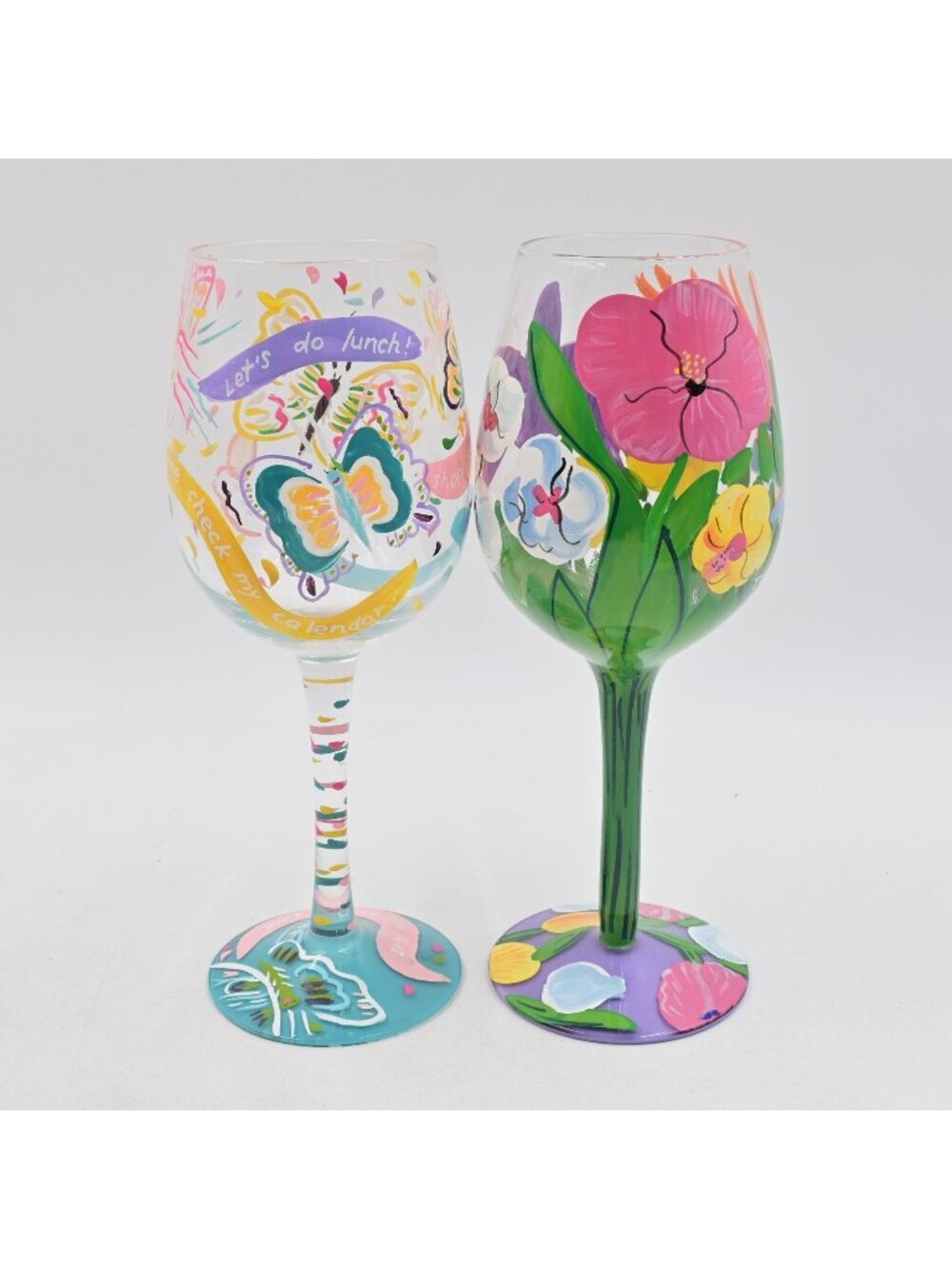 Lolita Hand Painted Wine Glasses Floral & Butterfly Designs 2 Piece Set
